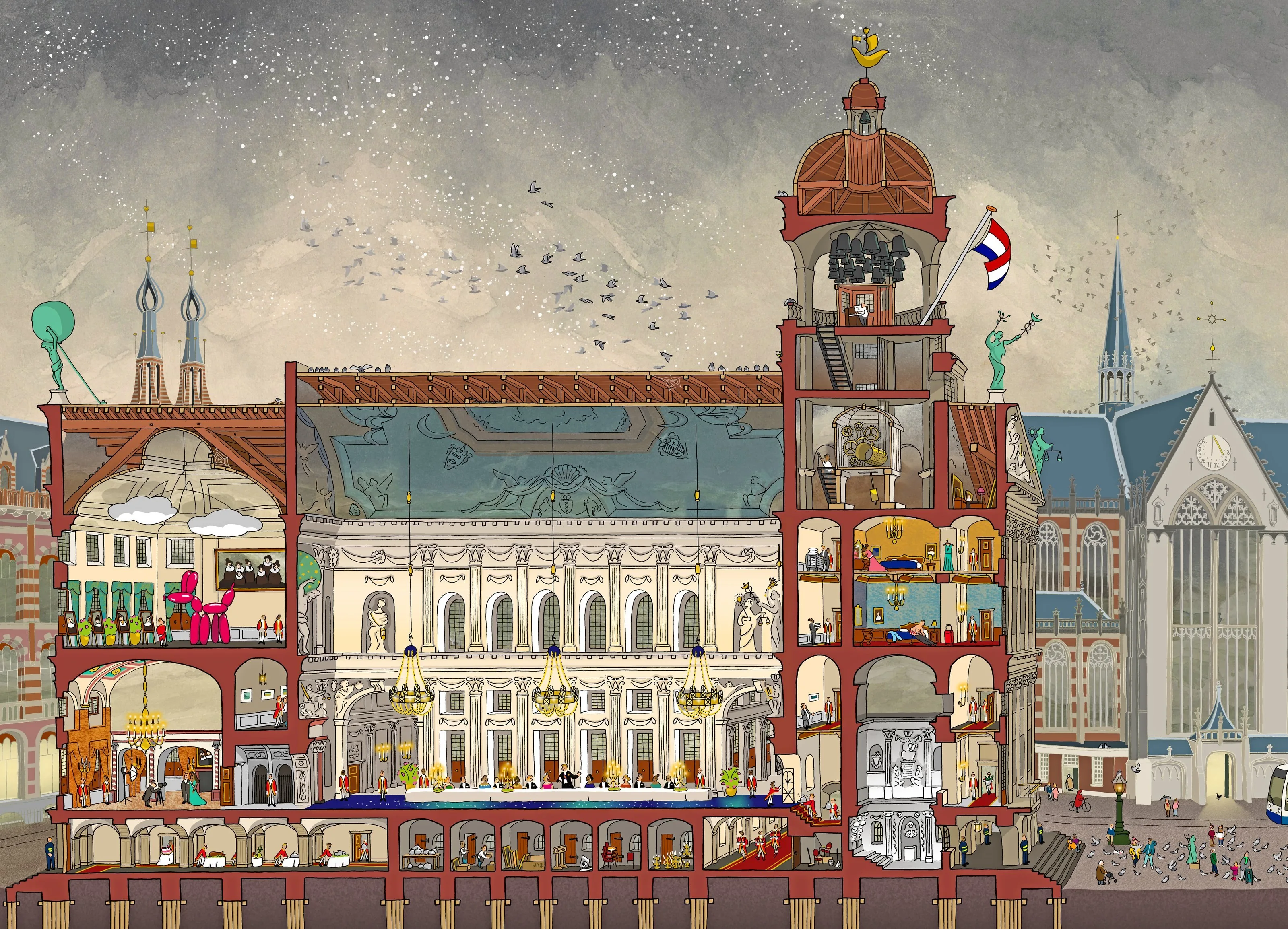 Het Koninklijk Paleis op de Dam in doorsnede, nieuw getekend