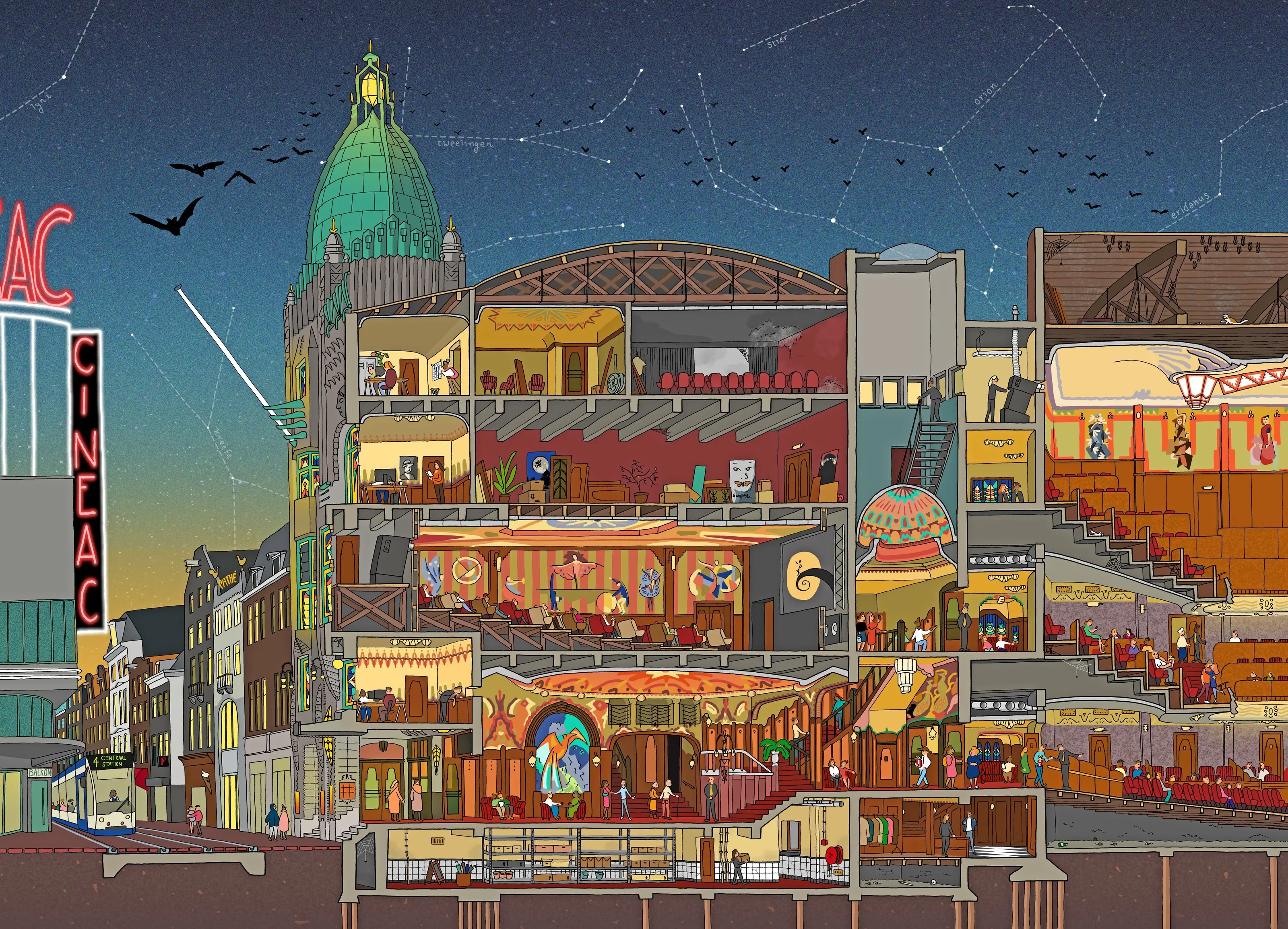 Theater Tuschinski in doorsnede bij nacht, nieuw getekend