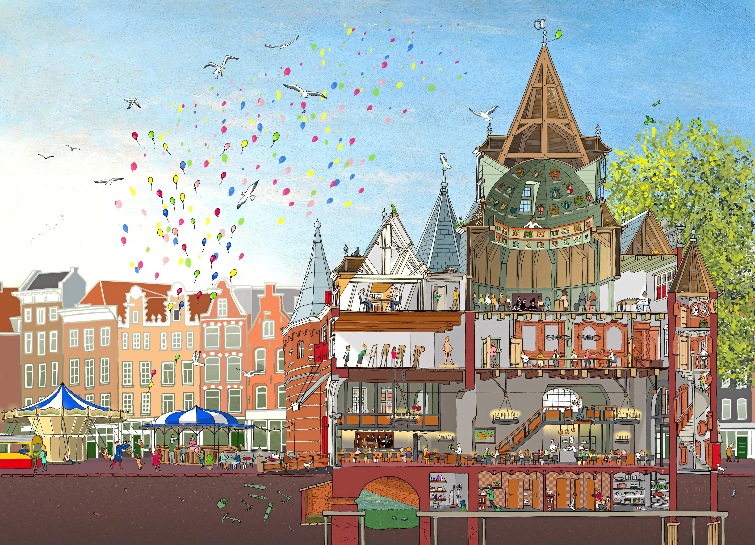 De Waag op de Nieuwmarkt in doorsnede, nieuw getekend