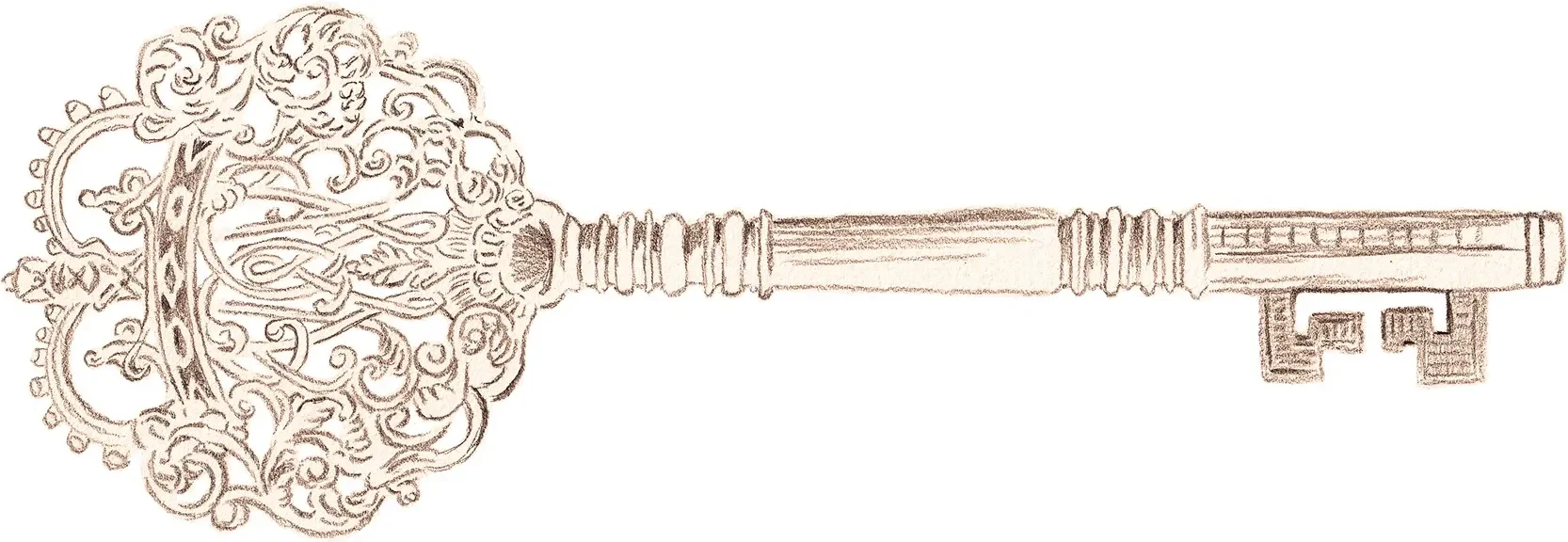Potloodtekening van een sierlijke oude sleutel