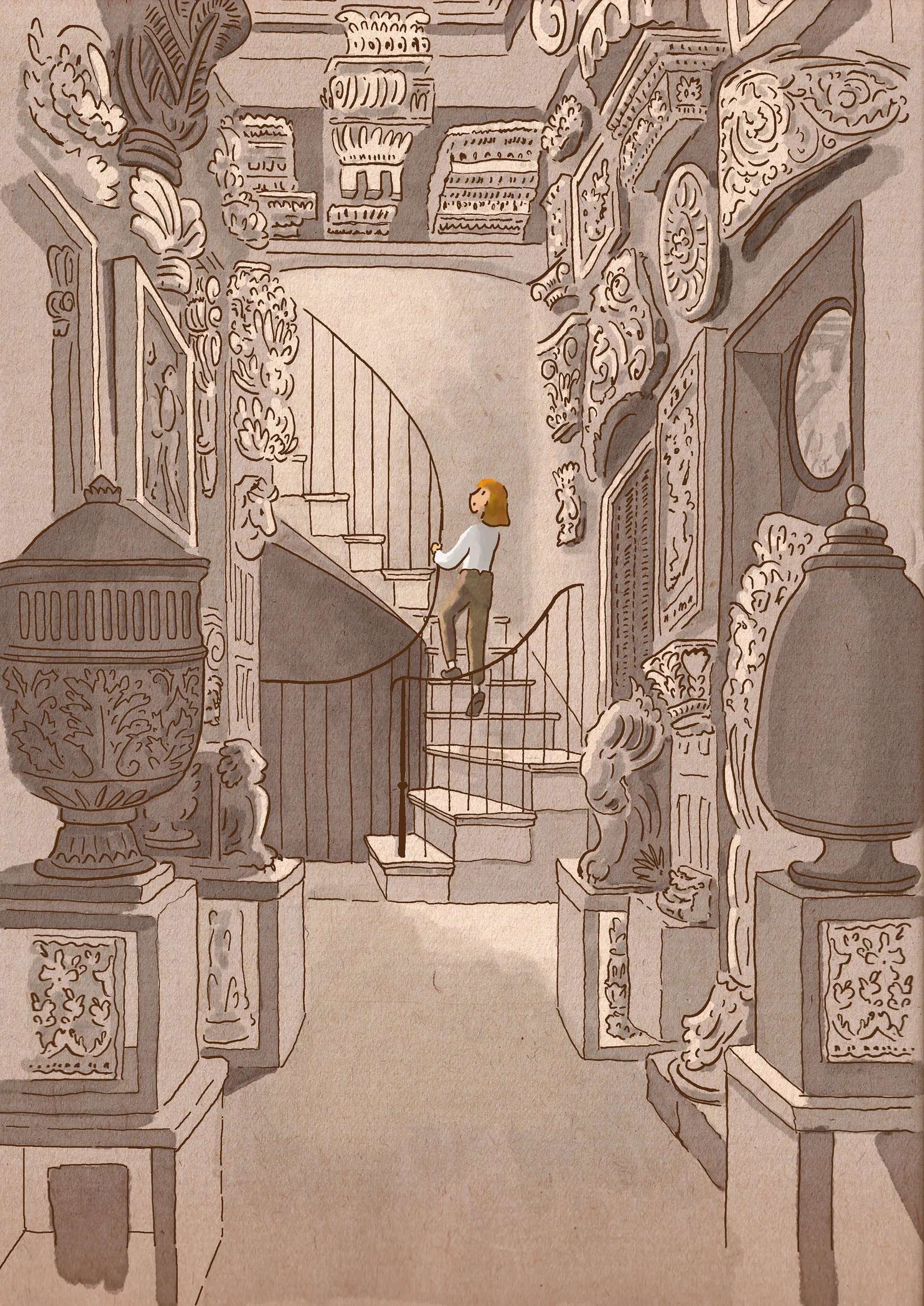 Tekening in sepia: iemand loopt een wenteltrap op, tussen vazen, beelden en ornamenten