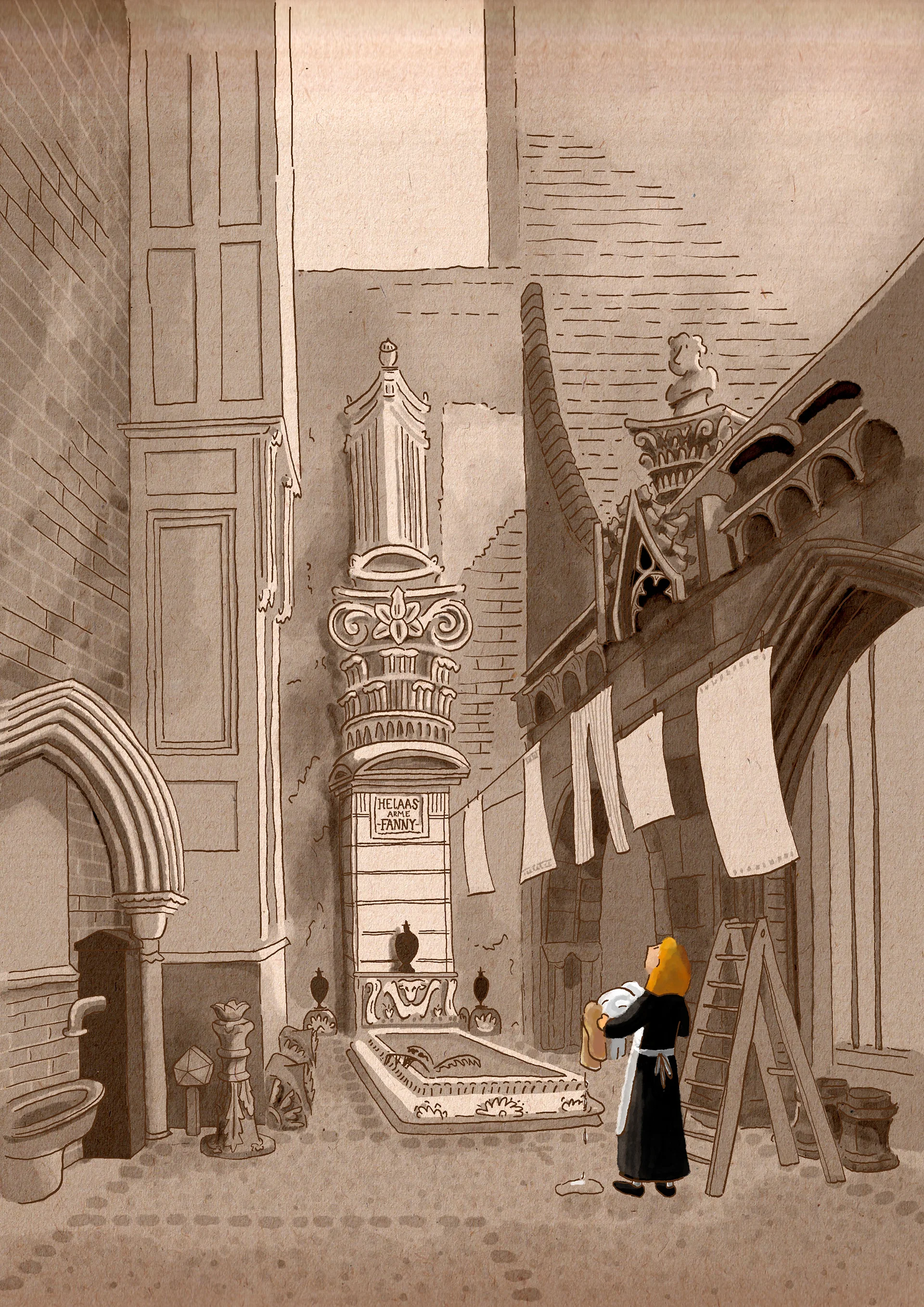 Tekening in sepia: een binnenplaats met wasgoed aan de lijn, iemand met wasgoed in de armen en oude bouwfragmenten