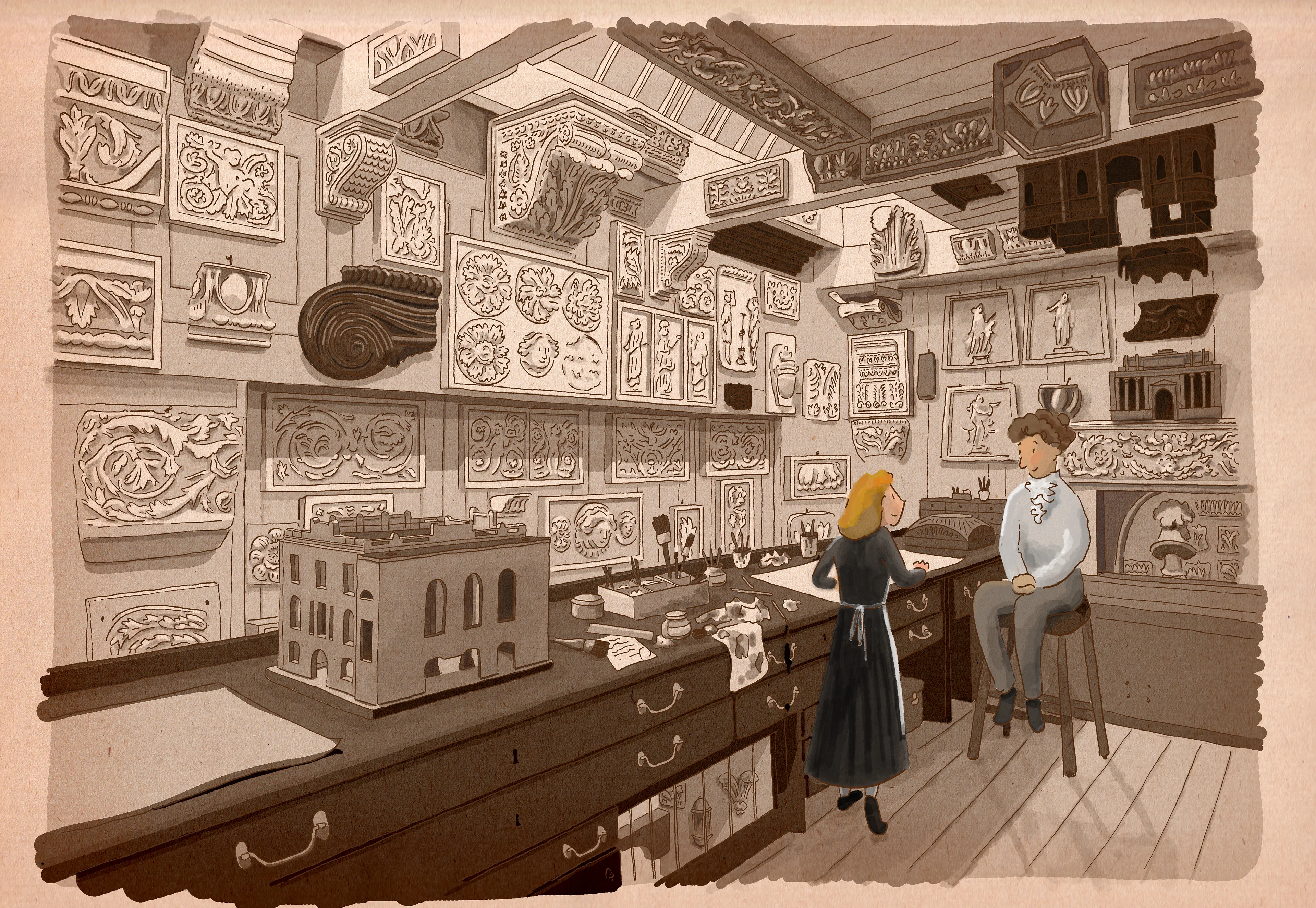 Tekening in sepia: een werkplaats vol gipsornamenten, met twee mensen aan een werkbank, een van hen op een kruk