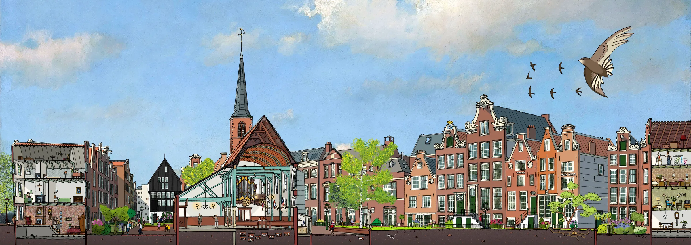 Het Begijnhof in doorsnede, met de kerk en de huizen eromheen