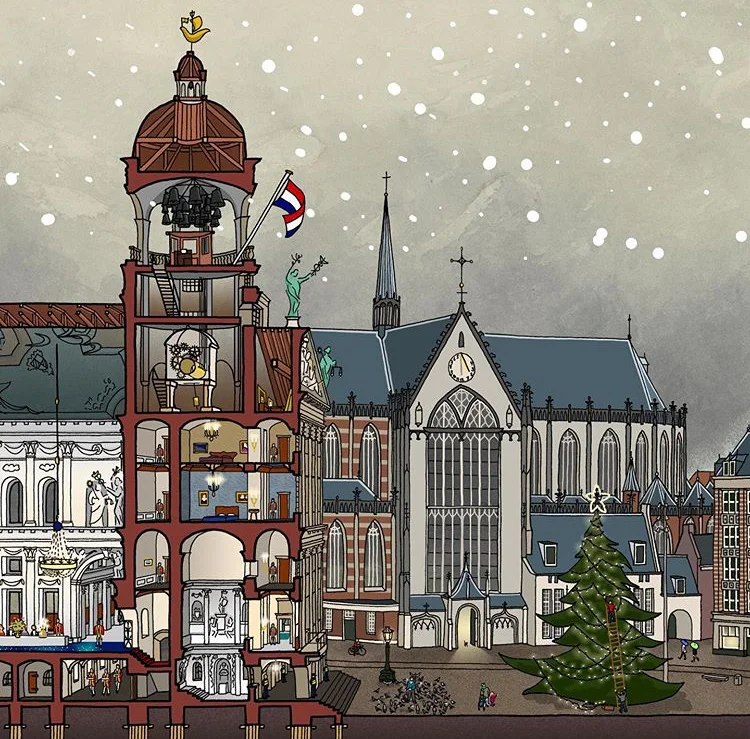 Het Paleis op de Dam in doorsnede en de Nieuwe Kerk in de sneeuw, met een kerstboom op de Dam