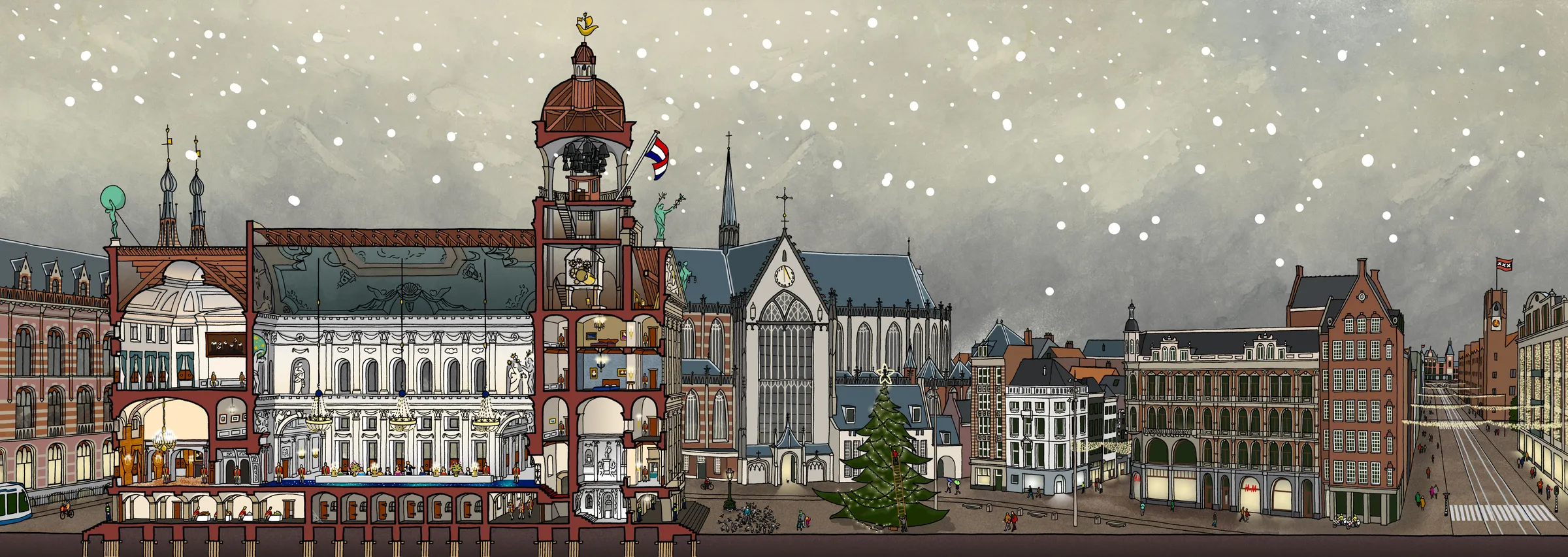 Het Paleis op de Dam in doorsnede en de Nieuwe Kerk in de sneeuw