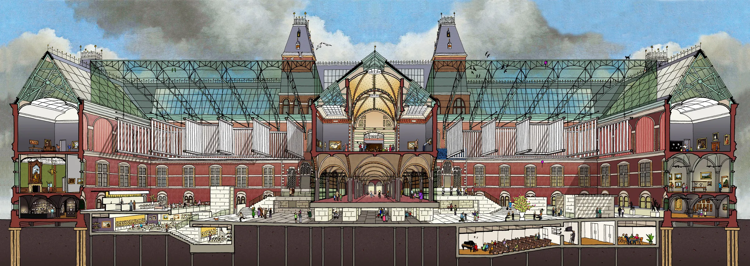 Dwarsdoorsnede van het Rijksmuseum met de zalen en torens in beeld
