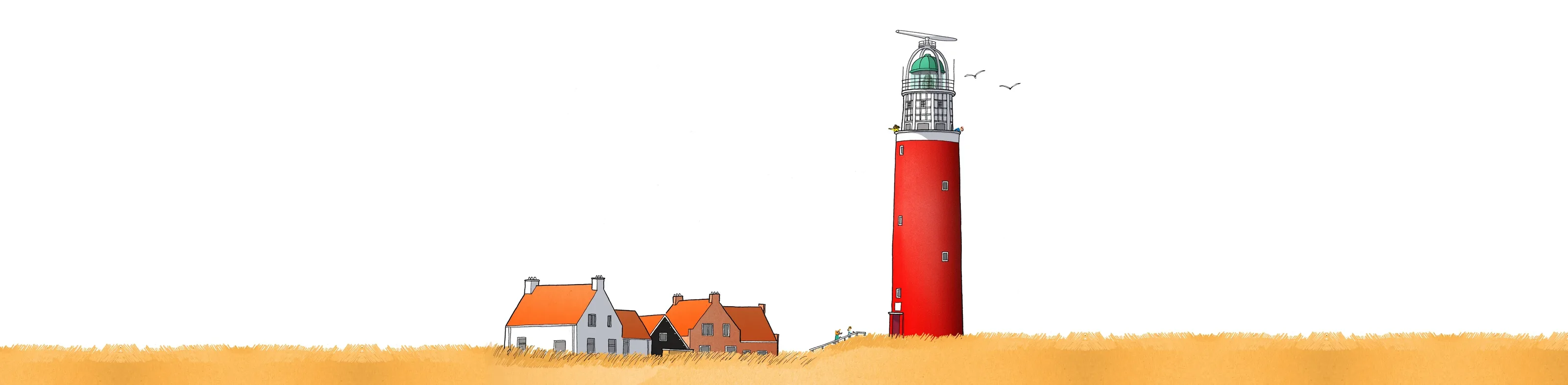 Tekening van vuurtoren Eierland op Texel met huisjes in de duinen