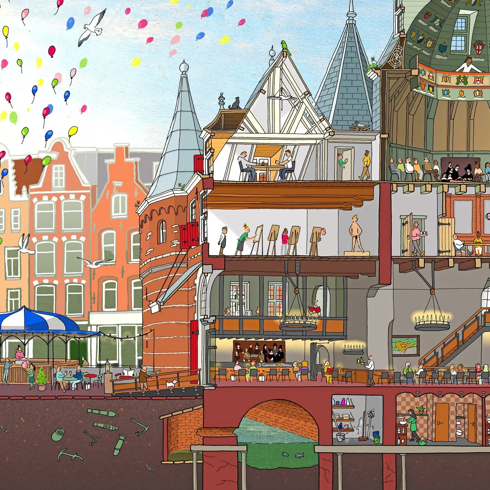 Uitsnede uit de doorsnede van De Waag: de toren aan de straat, ballonnen in de lucht, de zalen binnen en de grond eronder