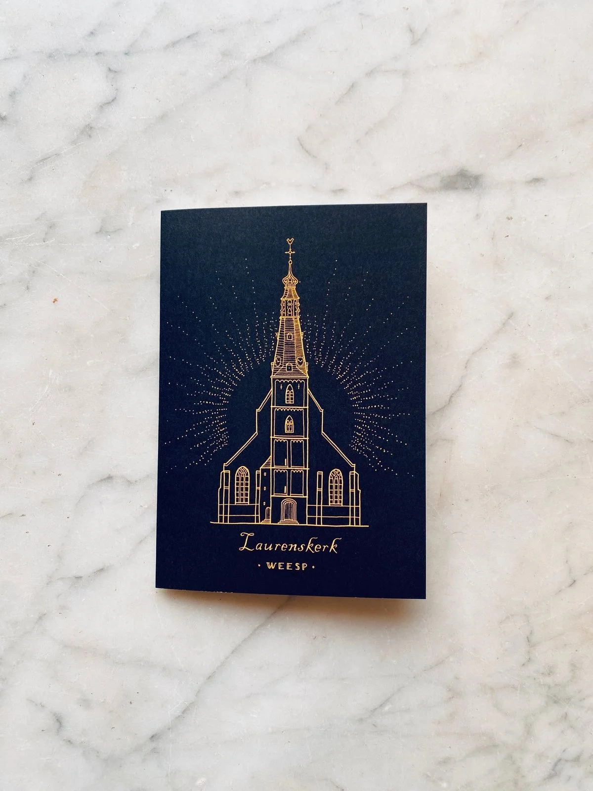 Kerstkaart met de Laurenskerk in goud op nachtblauw