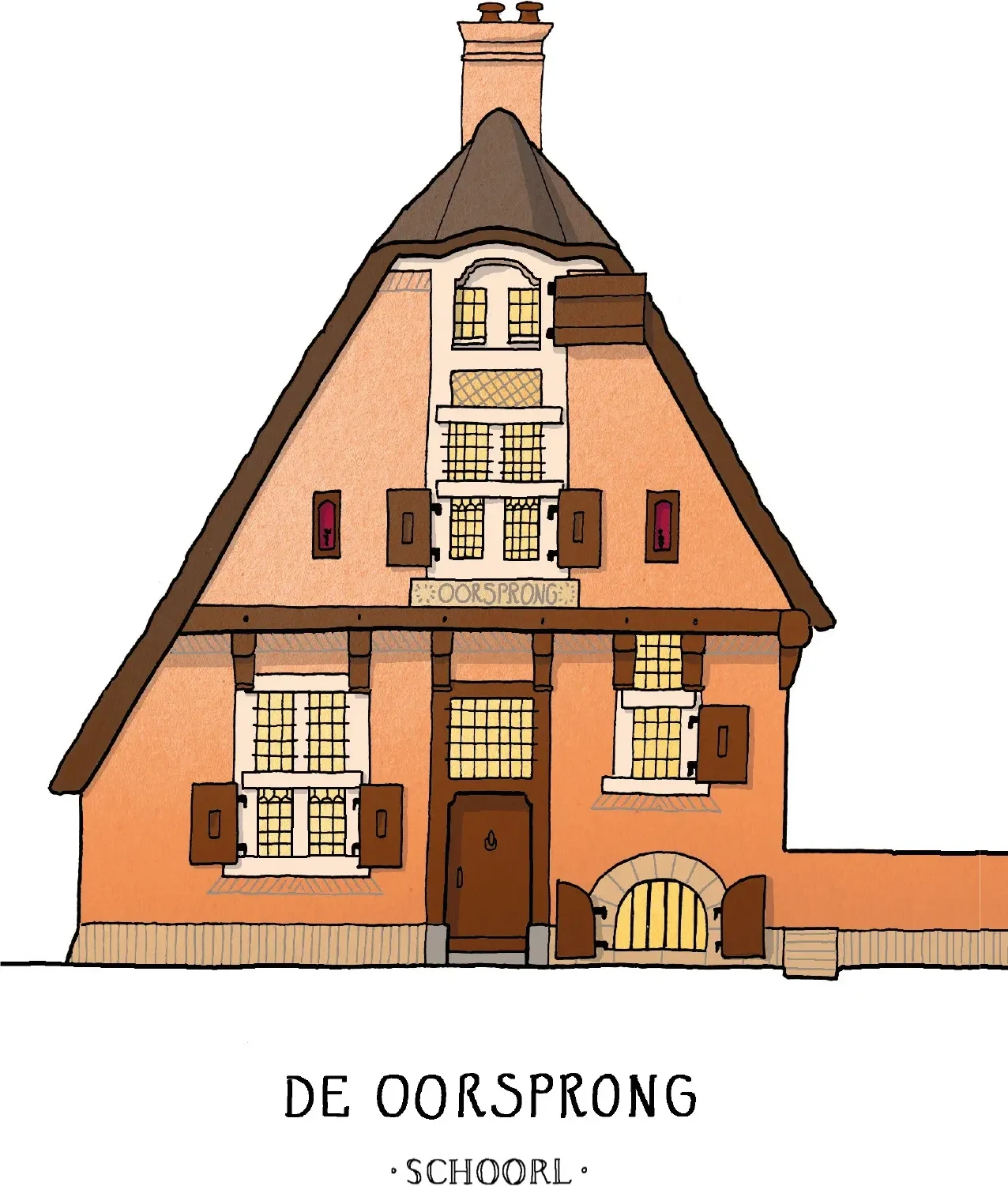 Getekend huisportret met een trapgevel