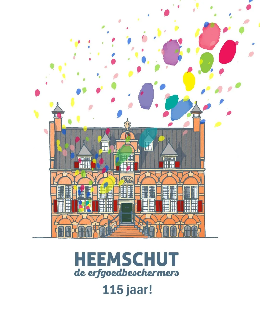Het Stadhuis van Weesp in kleur met ballonnen en confetti, getekend voor 115 jaar Heemschut