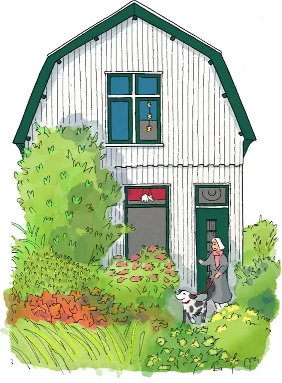Huisportret in kleur van een wit houten huis met een groene deur