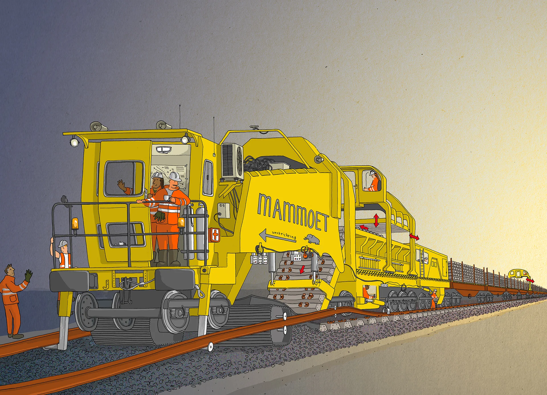 De gele Mammoet van de spoorbouw met werkers in oranje