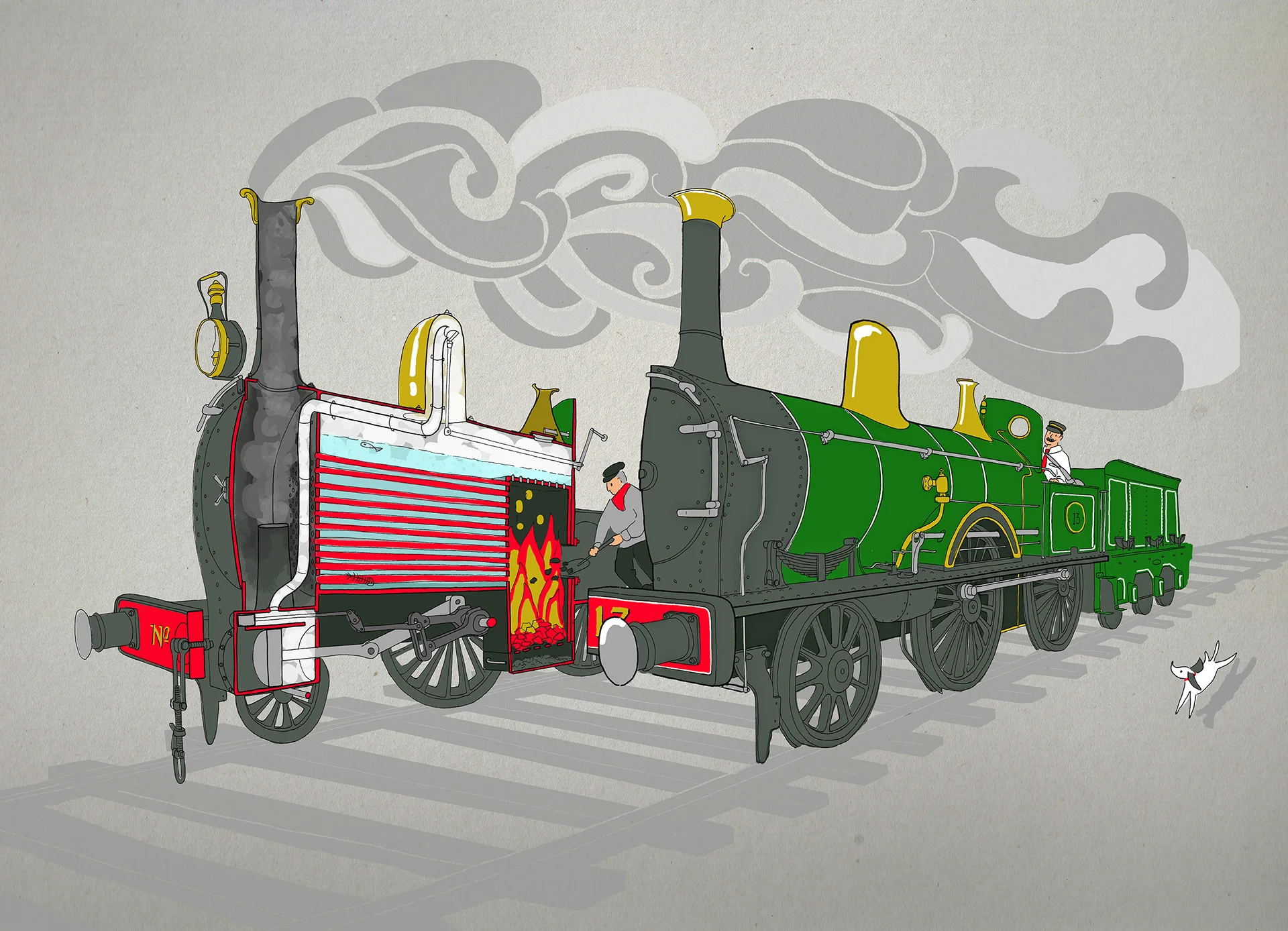 Een stoomlocomotief in doorsnede met machinist en stoker