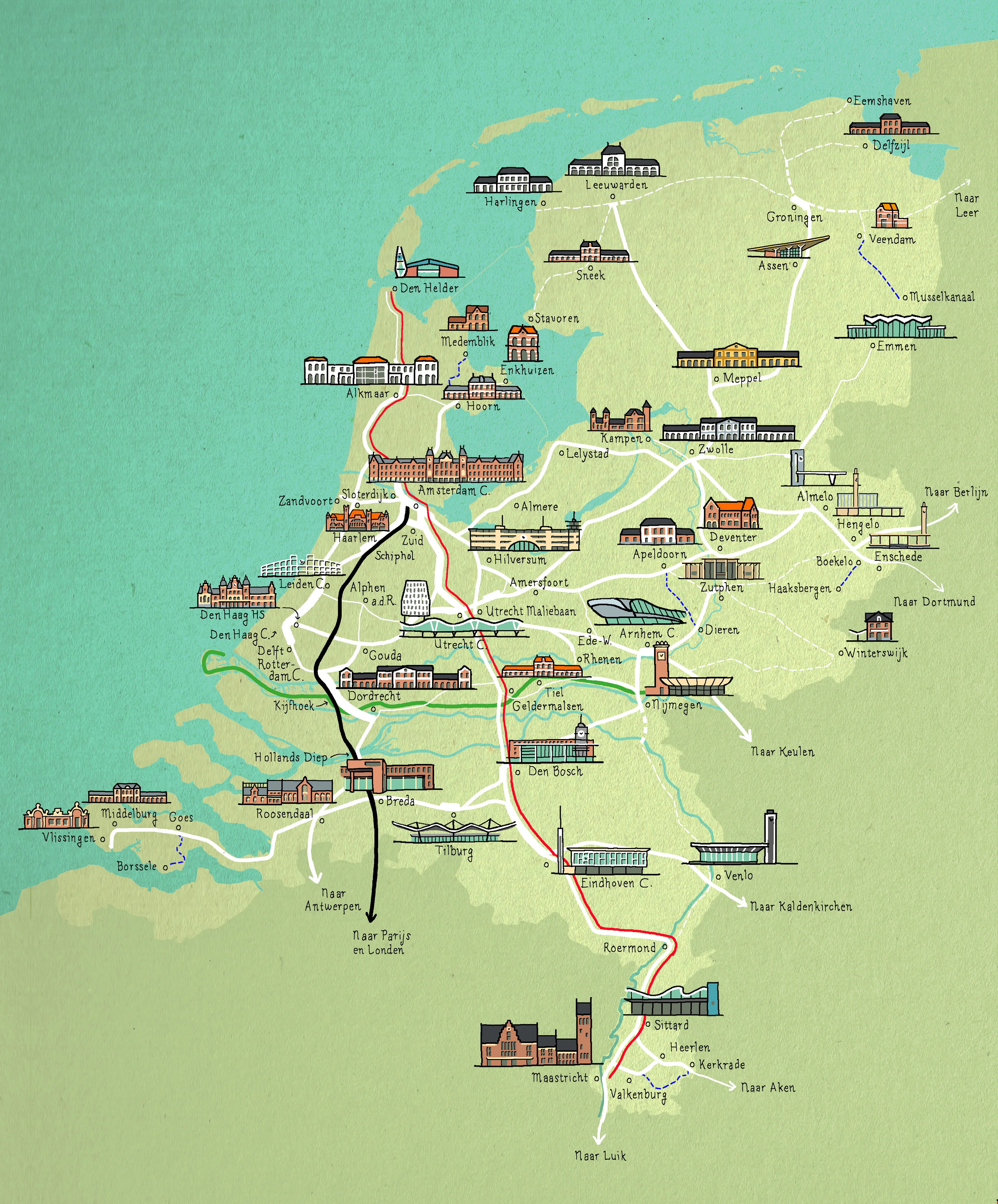 Geïllustreerde kaart van het Nederlandse spoor